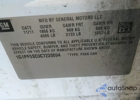 2012 Chevrolet Cruze 1Lt z USA, uszkodzony, nr VIN 1G1PF5SC9C7220694